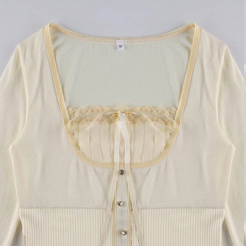 Beige Rhinestone Button Up Bottom Ribbed Fake Plated Lace Trim Under Shirt Long Sleeve