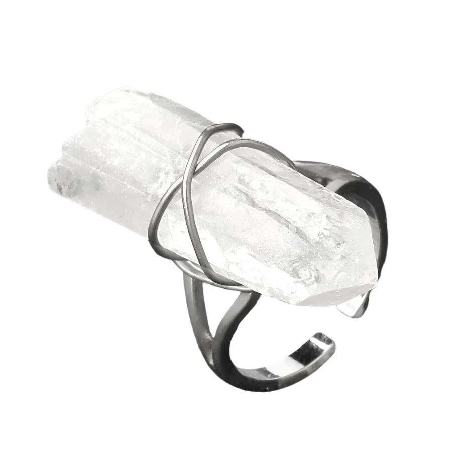 Silver Metal Clear Quartz Crystal Pillar Ring