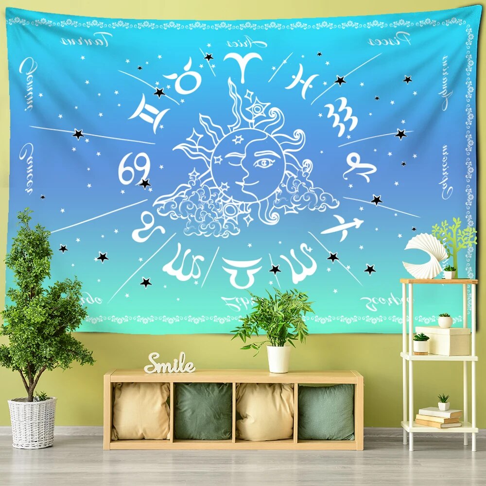 Blue Ombre Sun And Moon Zodiac Sign Chart Tapestry