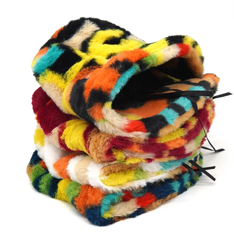 Multicolor Letter Print Fur Bucket Hat