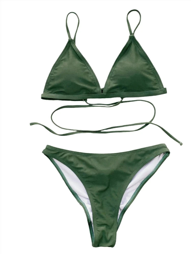 Green V-Cut Bandage Spaghetti Strap Ruched Booty Bikini