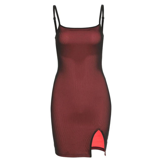Red Black Mesh Leg Slit Spaghetti Strap Mini Dress