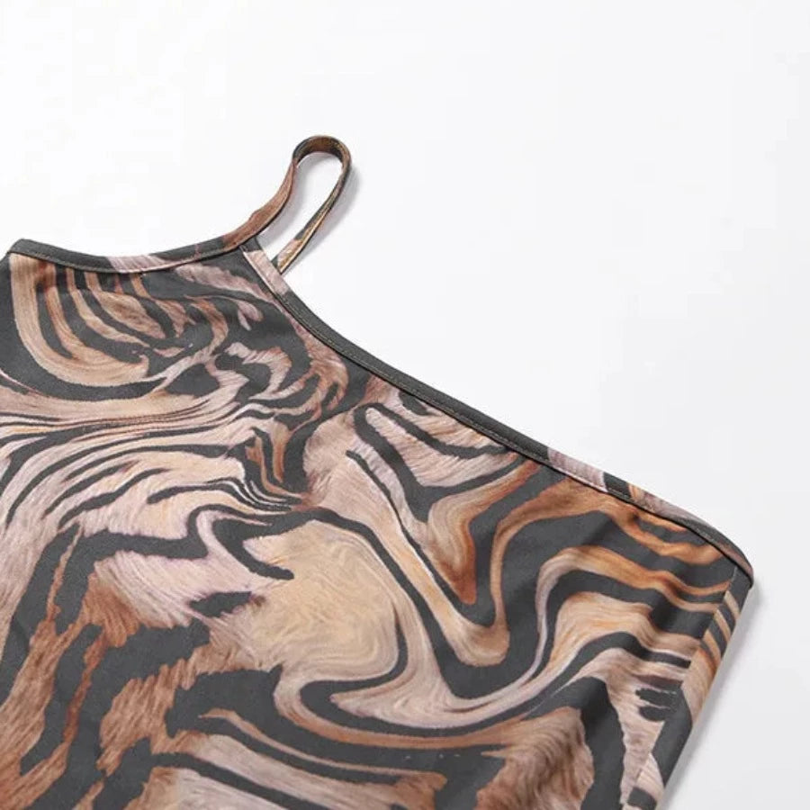 Brown Cheetah Print One Shoulder Spaghetti Strap Maxi Dress