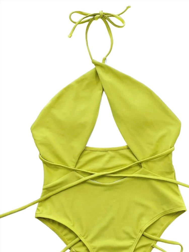 Green Criss-Cross Halter Hollow Out One Piece