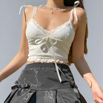 White Ribbed Bow Lace V-Cut Ruffle Trim Bow Spaghetti Strap Top