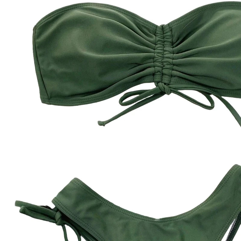 Green Drawstring Strapless Ruched Booty Bikini