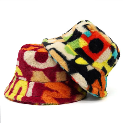 Multicolor Letter Print Fur Bucket Hat