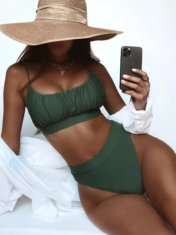 Solid Color Ruched Bralette High Waisted Bikini