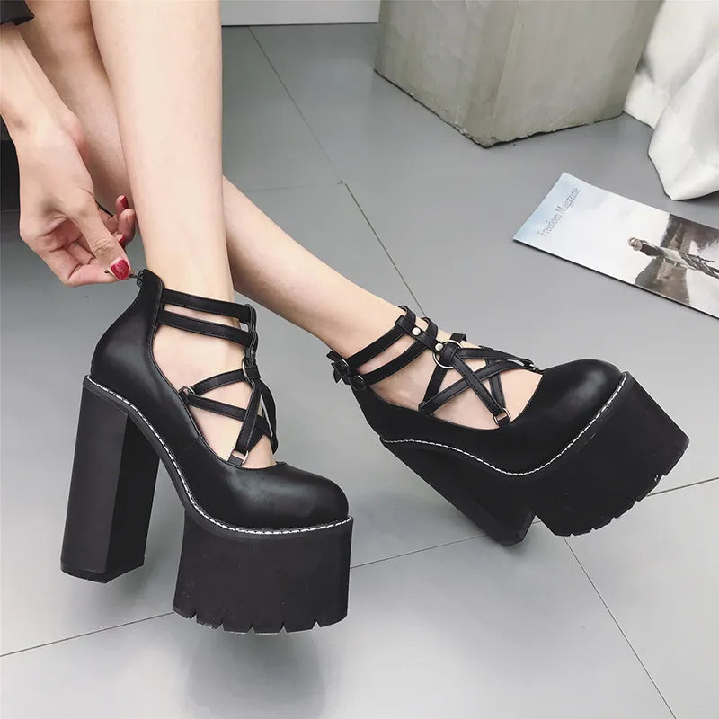 Neutral Leather Double Buckle Criss-Cross Strappy Closed Toe Platform Heels