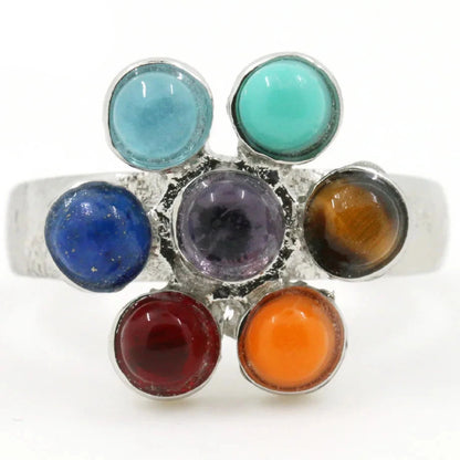 Silver Metal 7 Polished Round Crystal Flower Adjustable Ring