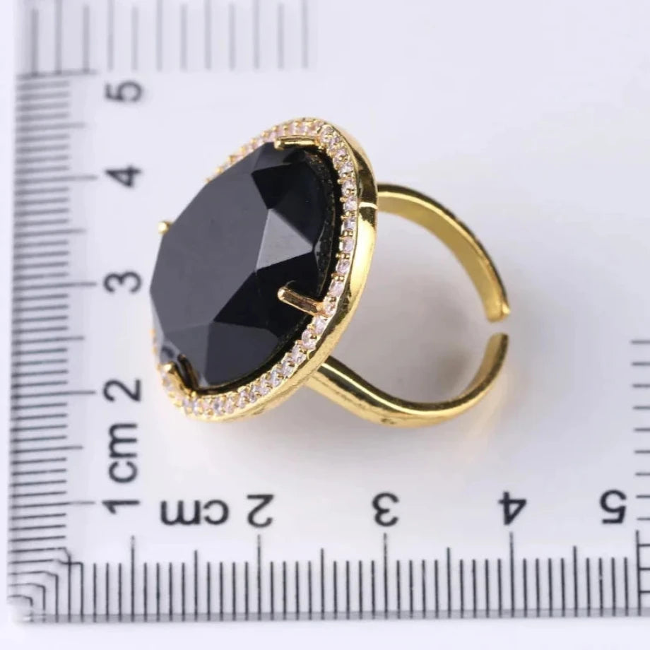 Gold Metal Rhinestone Studded Trim Polished Oval Crystal Ring