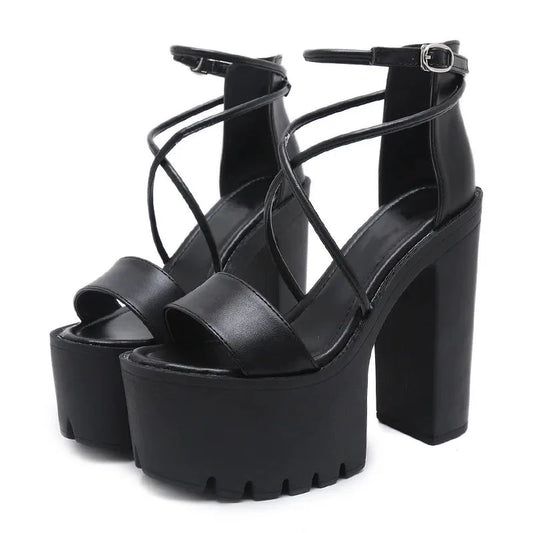 Black Leather Buckle Criss-Cross Strappy Platform Heels
