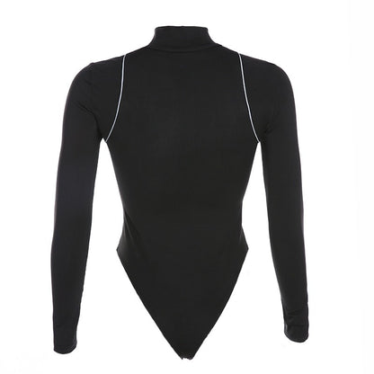 Black Front Zip-Up Rockmore White Trim Turtleneck Long Sleeve Bodysuit