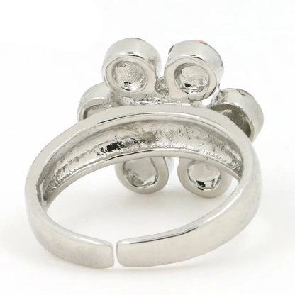 Silver Metal 7 Polished Round Crystal Flower Adjustable Ring