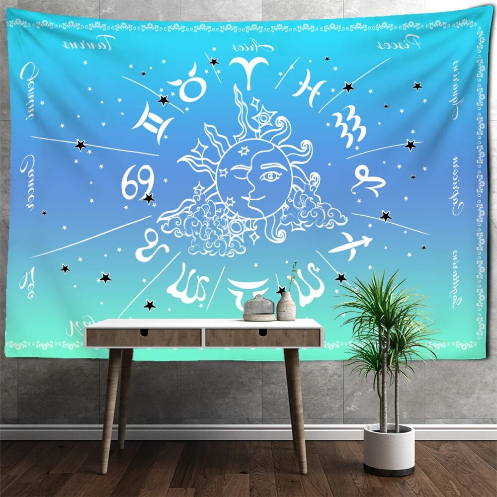 Blue Ombre Sun And Moon Zodiac Sign Chart Tapestry