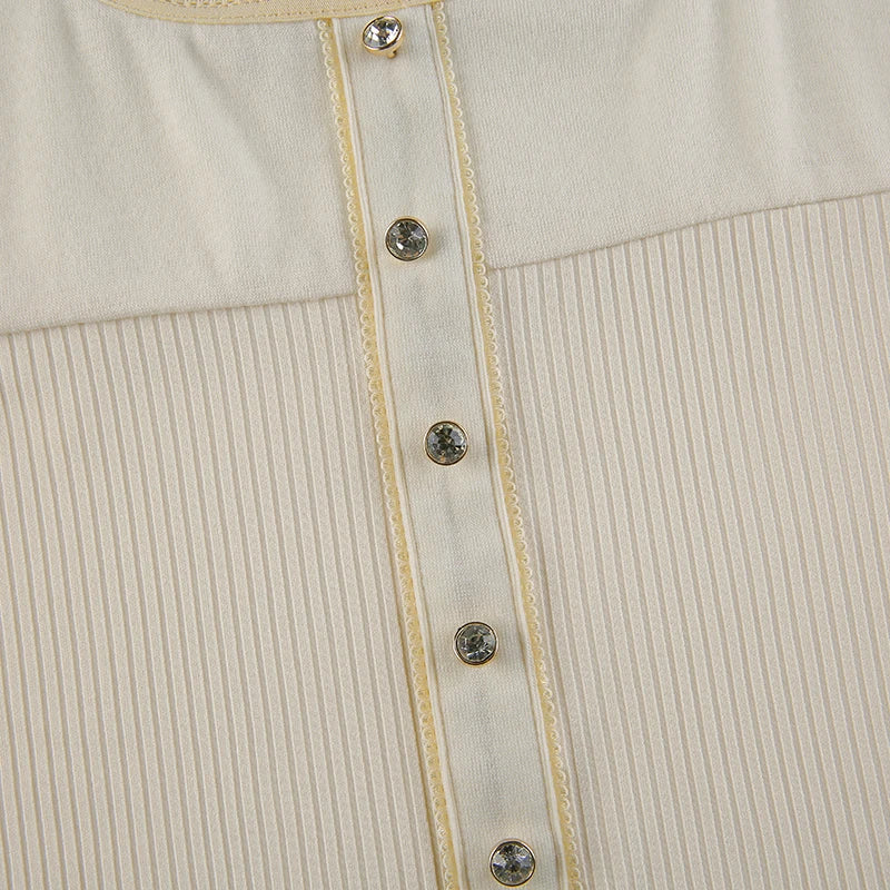 Beige Rhinestone Button Up Bottom Ribbed Fake Plated Lace Trim Under Shirt Long Sleeve