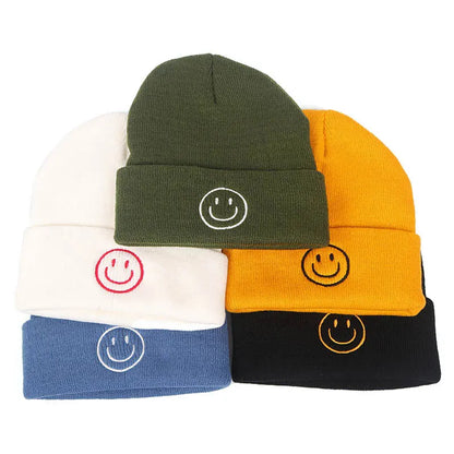 Solid Color Knit Smiley Face Beanie