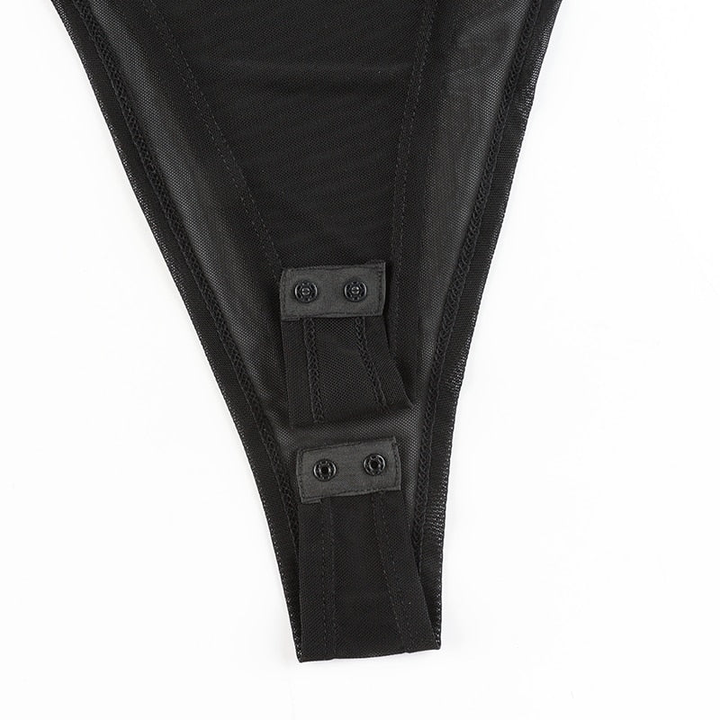 Black Sheer Collar Front Zip-Up Long Sleeve Bodysuit