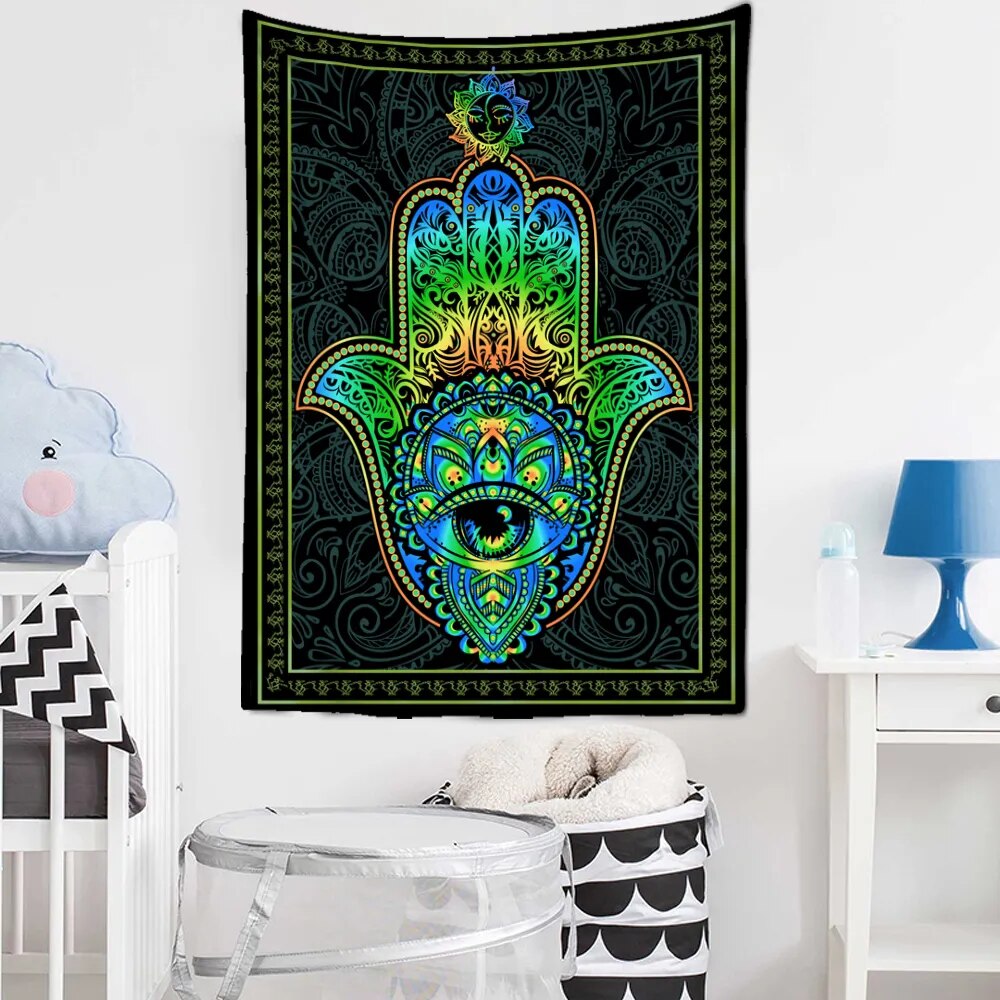 Multicolor Third Eye Hamsa Hand Tapestry