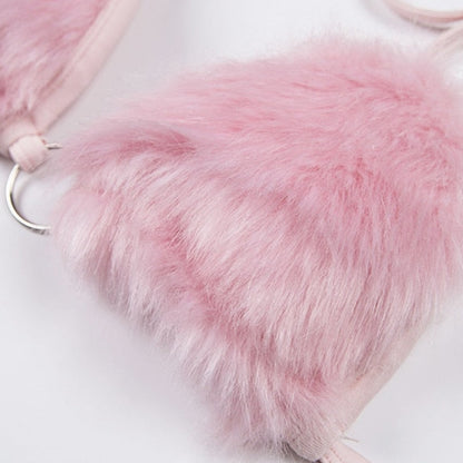 Pink Fur V-Cut Criss-Cross Tie-Up Backless Halter Crop Top