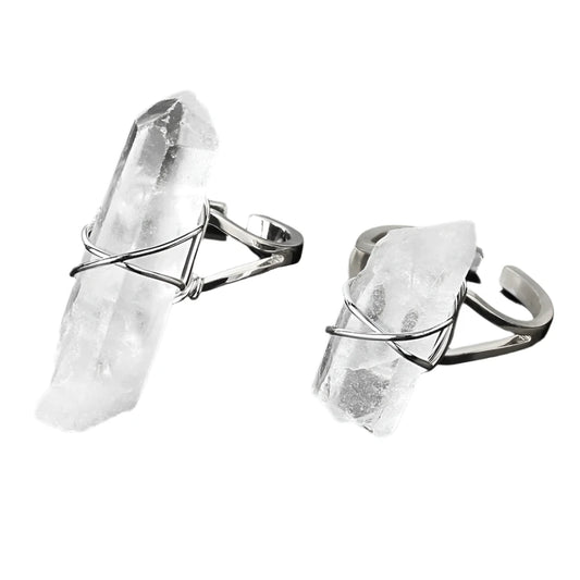 Silver Metal Clear Quartz Crystal Pillar Ring