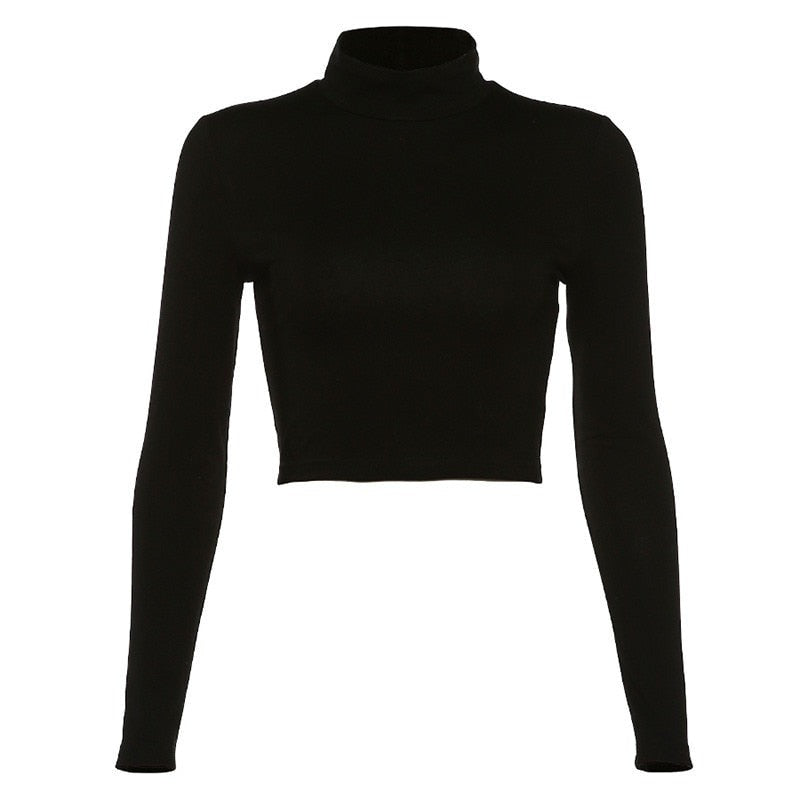 Black Turtleneck Back Lace-Up Crop Long Sleeve