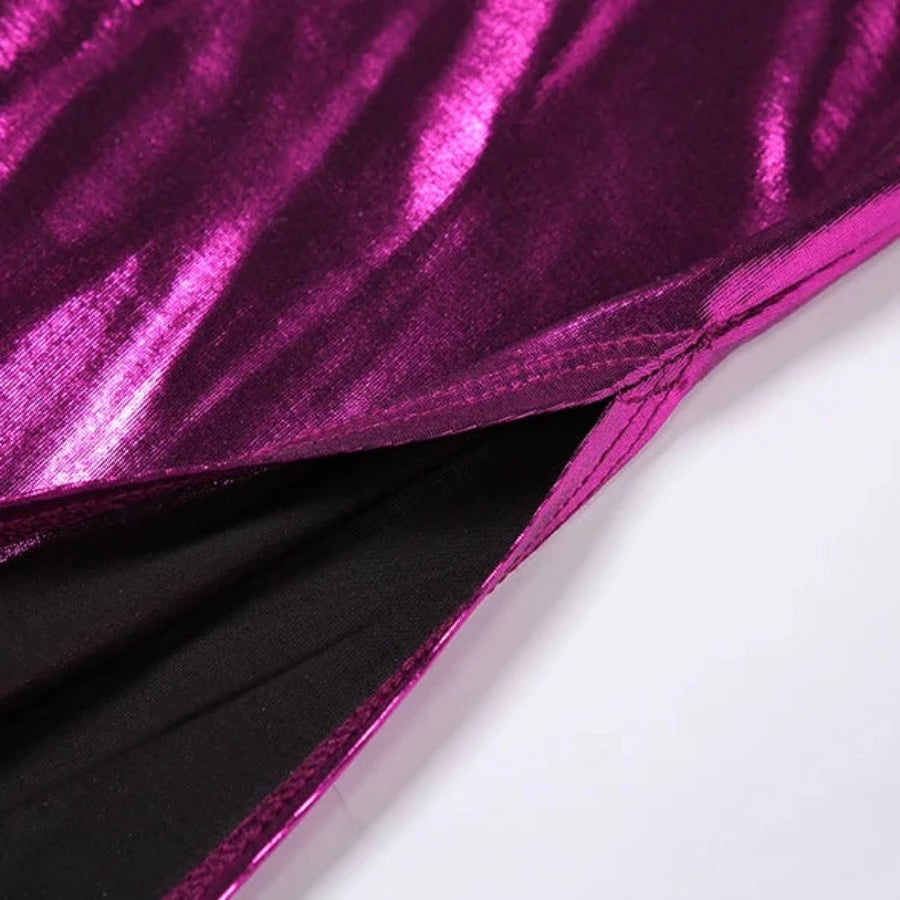 Purple Metallic V-Cut Backless Spaghetti Strap Maxi Dress