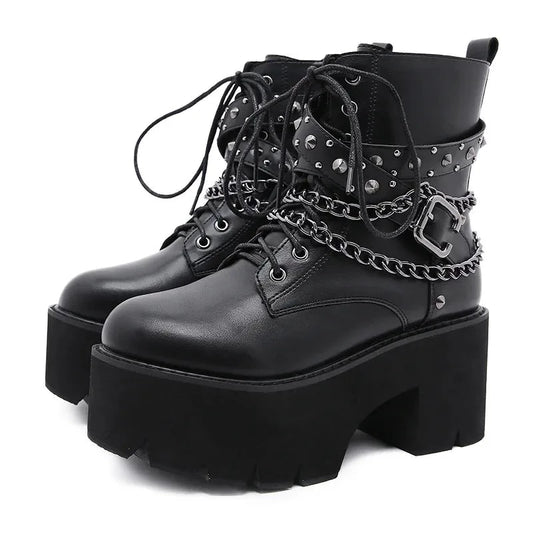 Black Leather Front Lace-Up Studded Criss-Cross Strap Double Chain Platform Heel Booties