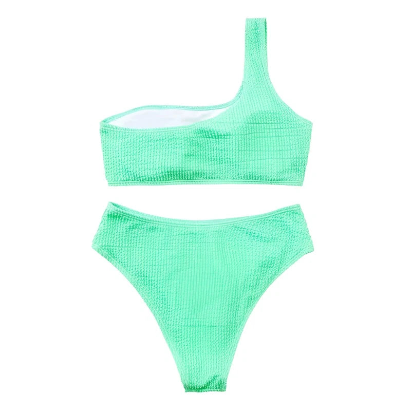 Solid Color Ribbed One Shoulder Bikini