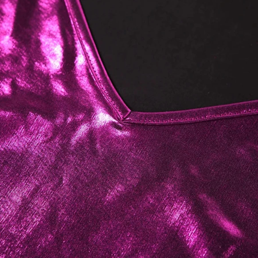 Purple Metallic V-Cut Backless Spaghetti Strap Maxi Dress