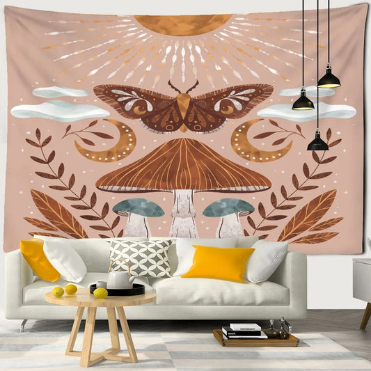 Pink Mushroom And Butterfly In Sunshine Tapestry