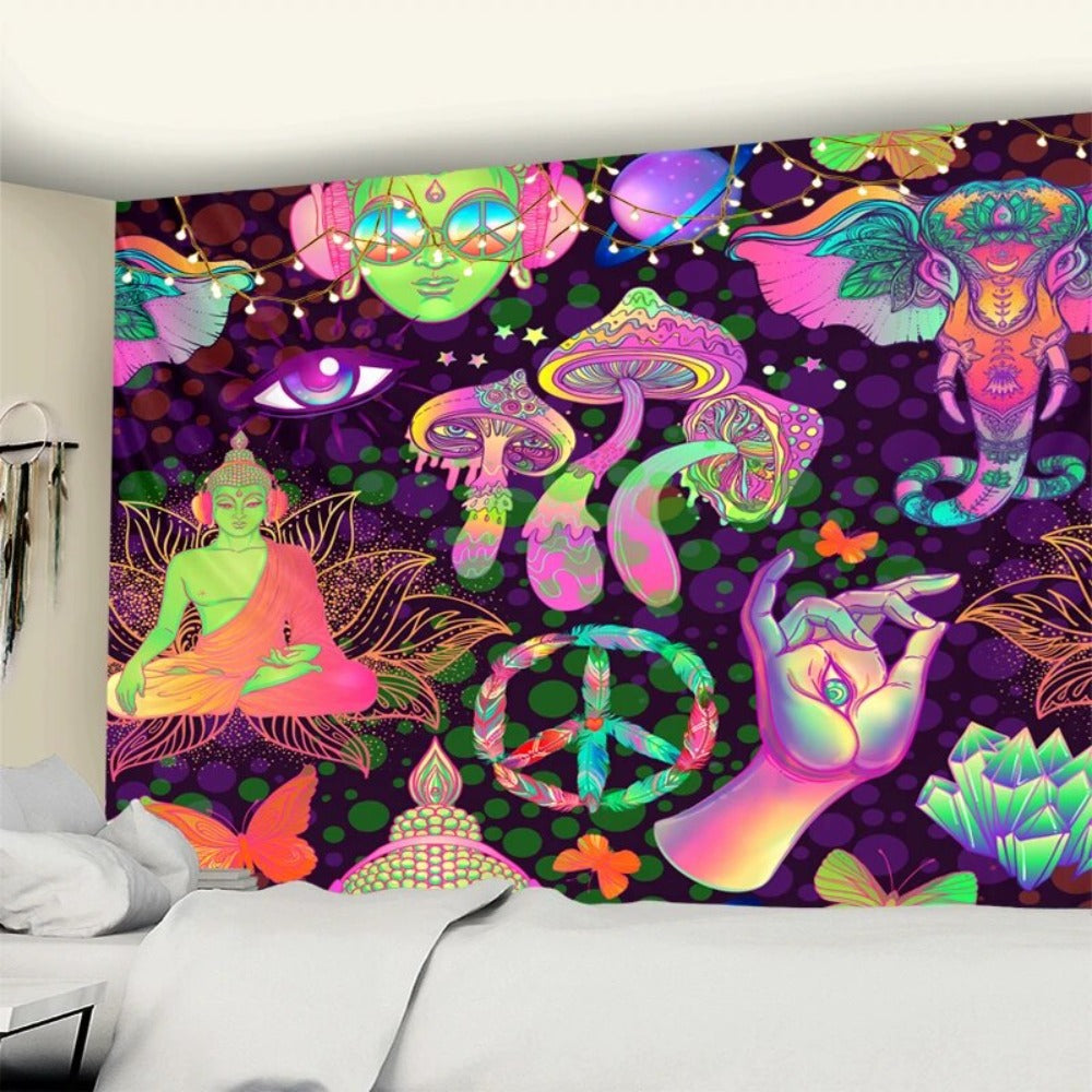 Multicolor Neon Spiritual Symbols Tapestry