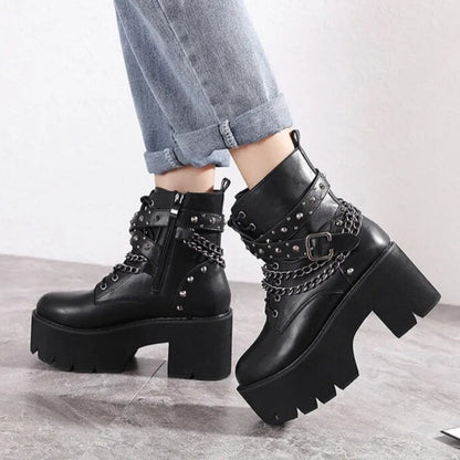 Black Leather Front Lace-Up Studded Criss-Cross Strap Double Chain Platform Heel Booties