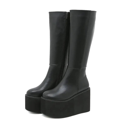 Black Leather Side Zip-Up Platform Wedge Heel Boots