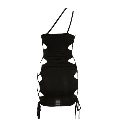 Black Double Side Hollow Out Drawstring Spaghetti Strap One Shoulder Mini Dress