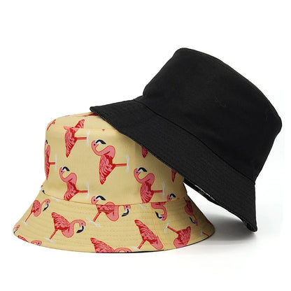 Solid Color Flamingo Print Cotton Reversible Bucket Hat