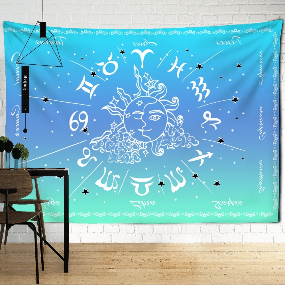 Blue Ombre Sun And Moon Zodiac Sign Chart Tapestry