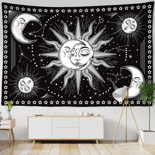White And Black Sun And Moon In Stars Tapestry