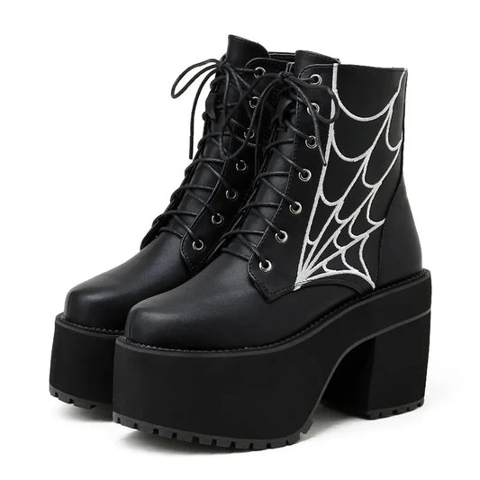 Black Leather Spider Web Front Lace-Up Side Zip-Up Platform Heel Booties