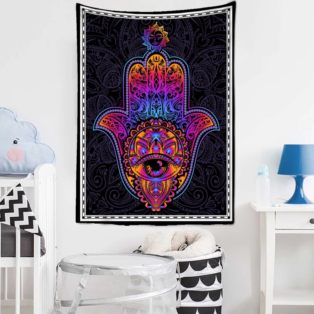 Multicolor Third Eye Hamsa Hand Tapestry