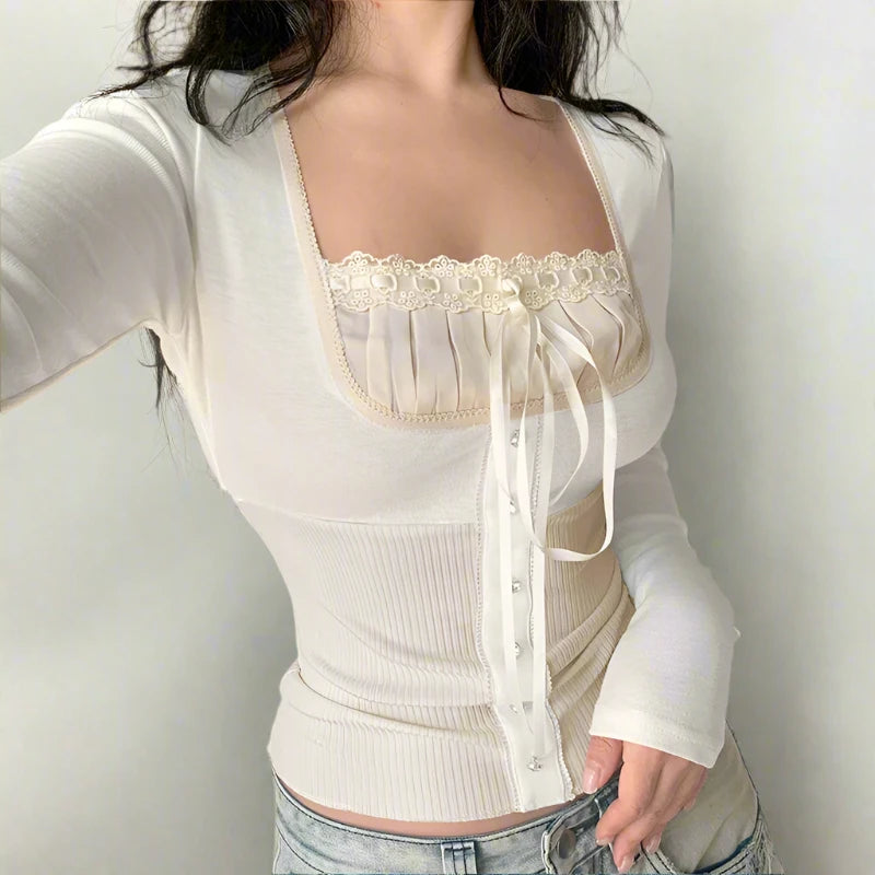 Beige Rhinestone Button Up Bottom Ribbed Fake Plated Lace Trim Under Shirt Long Sleeve