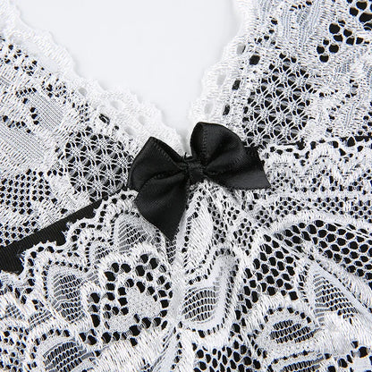 Black Knit Lace V-Cut Spaghetti Strap Mini Dress