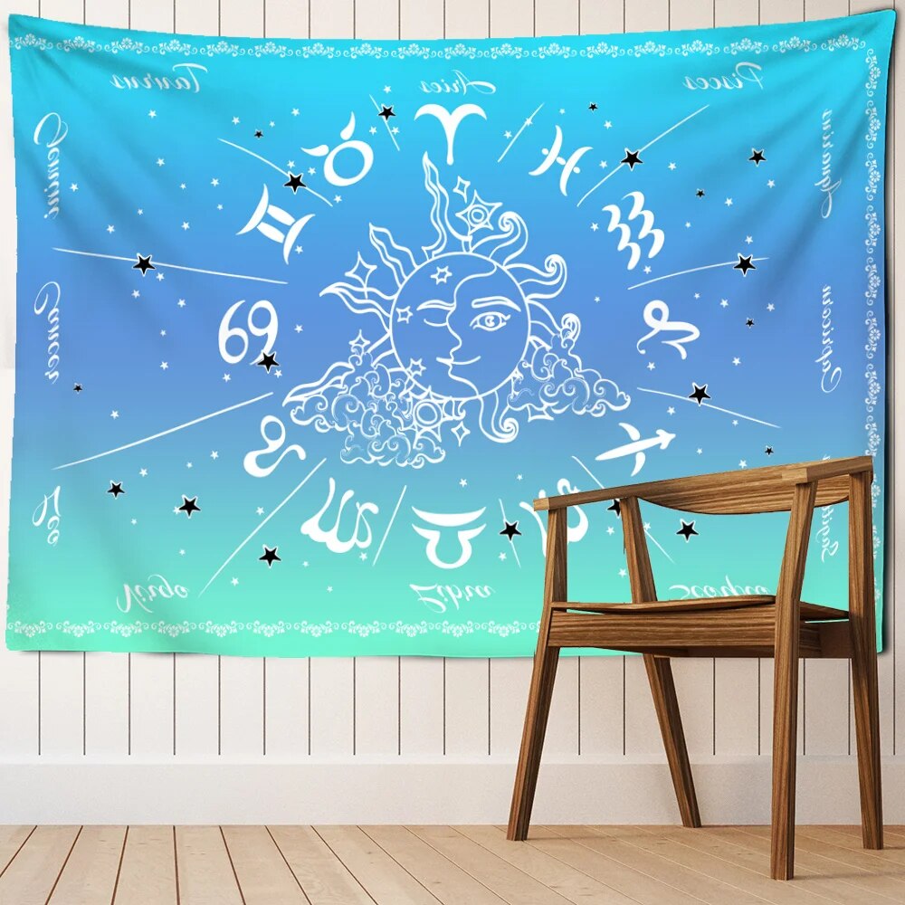 Blue Ombre Sun And Moon Zodiac Sign Chart Tapestry