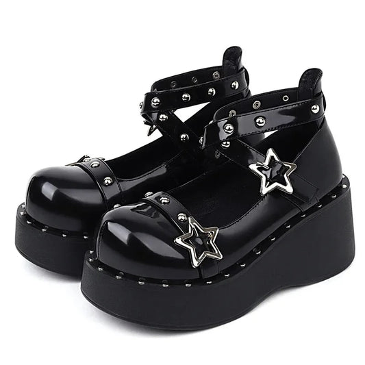 Black Glossy Studded Strappy Star Link Platform Wedge Heel Sneakers