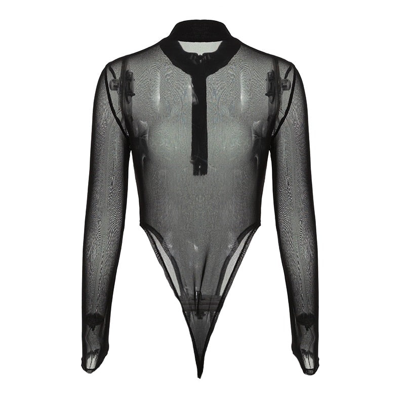 Black Sheer Collar Front Zip-Up Long Sleeve Bodysuit