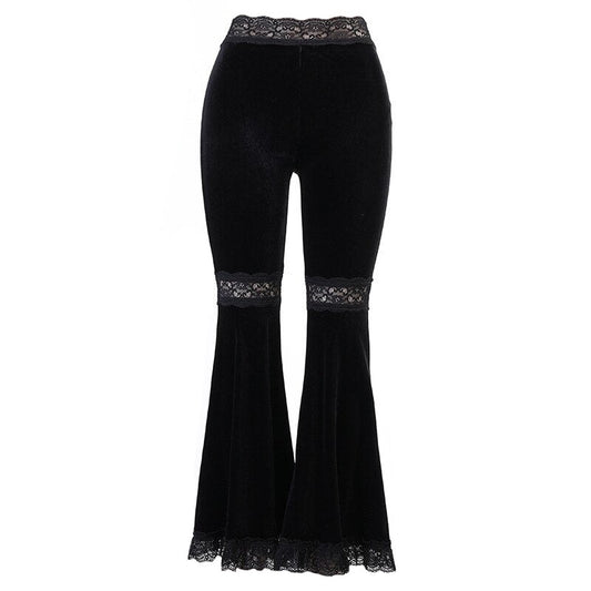 Black Suede Lace Trim High Waisted Flare Pants