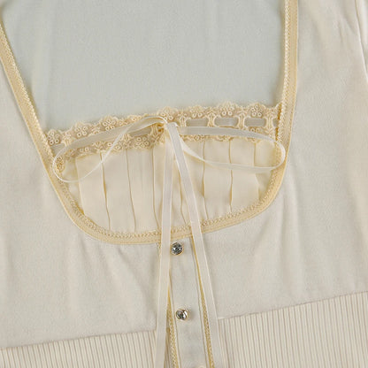 Beige Rhinestone Button Up Bottom Ribbed Fake Plated Lace Trim Under Shirt Long Sleeve