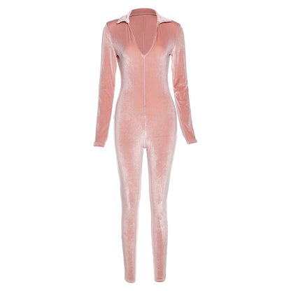 Pink Suede Collar Front Zip-Up Long Sleeve Jumpsuit