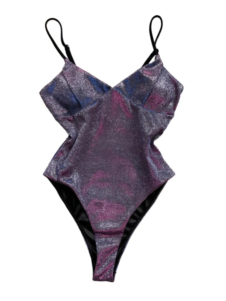 Solid Color Sparkly V-Cut One Piece