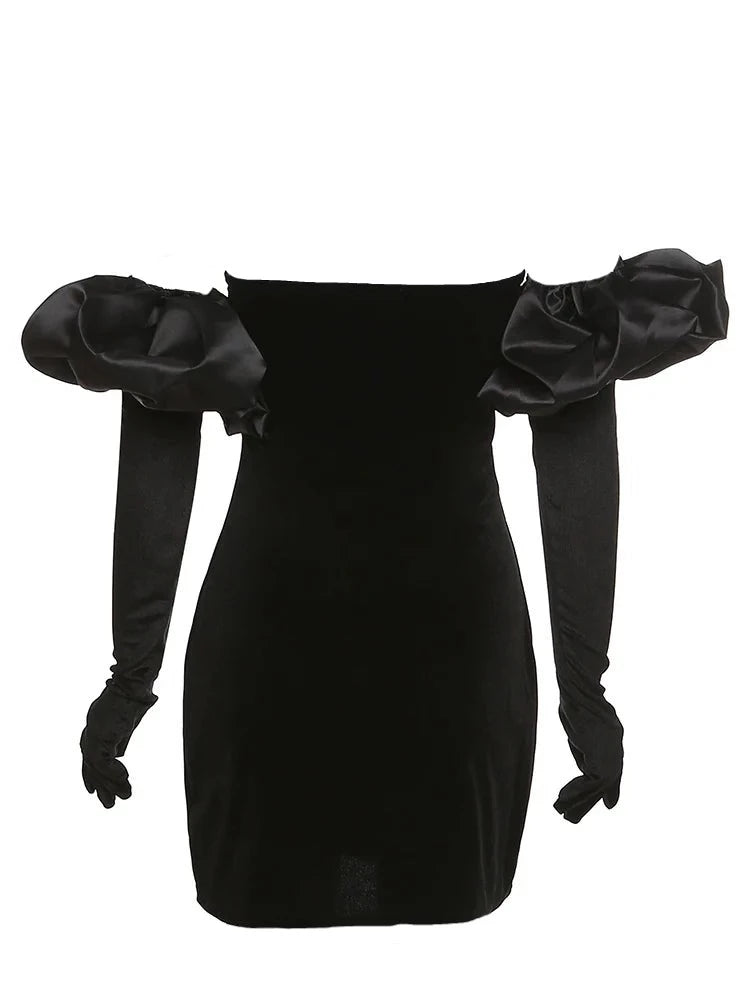 Black Suede Gloves Solid color Puff Trim + Strapless Mini Dress